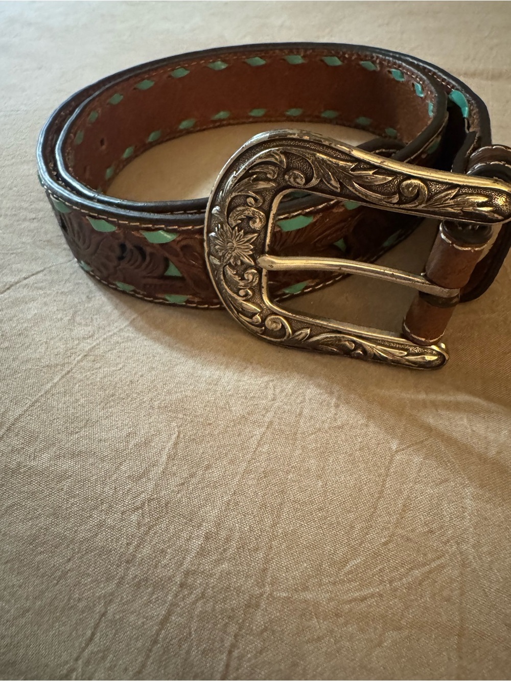 NACONA Tooled Brown Leather Belt with Turquoise & Ornate Silver Buckle SZ Medium
